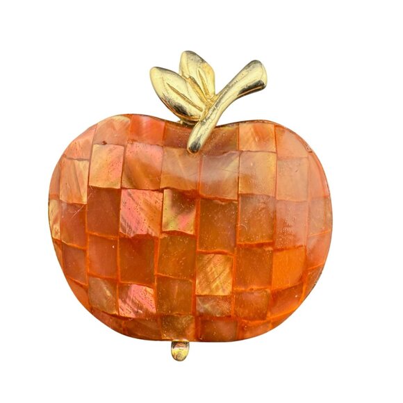 Vintage Mosaic Orange Shell Apple Pin Brooch With Gold Tone Stem & Leaf - Picture 1 of 4